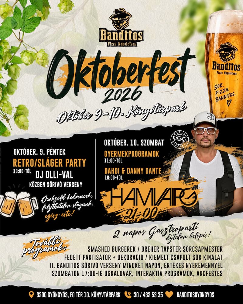 Banditos Oktoberfest 2026 fesztivál oktoberfest buli gasztronómia sörök pizzák hamburgerek élőzene gyermekprogram pizza rendelés házhozszállítás nápolyi pizza banditos gyöngyös blog pizza cikk étterem gyöngyös gyöngyös étterem gyöngyös Pizzéria Pizzéria gyöngyös